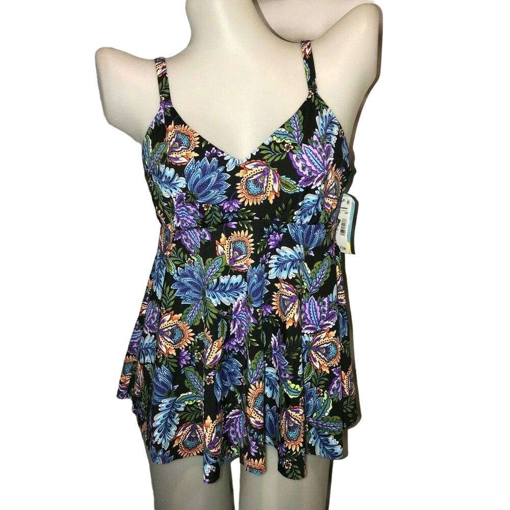 Swim Solutions Boho Play V-Neck Ruffle Swimdress Swimsuit One Piece 10 NWT